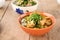 Jackfruit curry , Spicy foods on wooden floor.