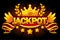 Jackpot banner. Casino label with crown and red award ribbon. Casino jackpot winner awards with golden text and ribbon