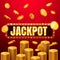 Jackpot casino banner, read more button. Red mobile slots Big win background template with flying coins, retro light