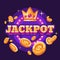 Jackpot casino purple round retro sign with flying gold coins flat illustration