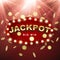 Jackpot casino winner. Big win banner. Retro signboard with falling gold coins on red background with light rays. Vector