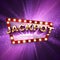 Jackpot casino winner. Big win banner. Retro signboard on purple background with light rays. Vector
