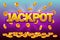 Jackpot and Falling from the top golden Coins. Vector Coin splash, rain money. Vector illustration for casino, slots