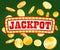 Jackpot gambling poster design. Money coins winner casino success concept. Slot machine game prize