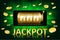 Jackpot shiny gold casino label with money coins. Casino jackpot winner poster gamble with text. Slot machine success