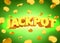 Jackpot sign with gold realistic 3d coins background.