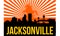 Jacksonville City skyline and landmarks silhouette, black and white design with flag in background, vector illustration