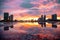 Jacksonville cityscape with a reflective lake during a dramatic sunset in Florida