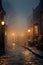 Jacobean Era town street. foggy night lit by street lights.