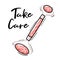 Jade massage pink rose quartz roller icon illustration, facial gua sha stone massager and lettering, Acupuncture tool