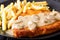 Jaeger schnitzel with French fries and mushrooms macro. horizontal