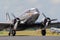 JAGEL, GERMANY - JUN 13, 2019: Vintage World War II warbird Douglas C-47 Dakota transport plane taxiing on Jagel airbase during it