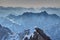 Jagged blue ridges of Wetterstein range from Zugspitze Germany