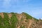 Jagged rocky ridge covered with sparse forest against a blue sky. Minimalistic atmospheric landscape with rocky mountain wall with