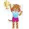 The jaguar girl in sport uniform cheering with goblet is on the white background