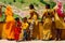 Jaipur, India - August 20, 2009: Group of women and children dressed in typical Indian robes in the fort of Jaipur in India