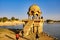 Jaisalmer, India - Dec 30, 2019: Indian landmarks Gadi Sagar temple on Gadisar lake Jaisalmer, Rajasthan, India
