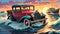 Jalopy pickup dangerous coastline storm waves