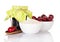 Jam jar, cup cherries, sugar, wooden spoon with berries isolated.