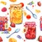 Jam jars with fruits and berries - strawberry, raspberry, blueberry. Seamless food pattern. Watercolor