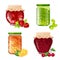 Jam jars. Marmalade sugar healthy fruits dessert in pot jamming strawberry kiwi cherries vector cartoon collection