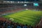 A jam-packed stadium filled with soccer enthusiasts watching an intense match, A football match in full swing at a crowded stadium