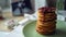 Jam on pancakes. Strawberry jam on stack of golden pancake. Sweet breakfast