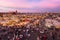 Jamaa el Fna market square in sunset, Marrakesh, Morocco, north Africa.