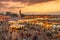 Jamaa el Fna market square in sunset, Marrakesh, Morocco, north Africa.