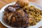 Jamaican curry goat, jerk chicken and fried dumpling