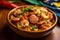 Jambalaya with Andouille Sausage, Shrimp, and Vegetables in a Colorful Ceramic Dish