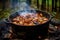 jambalaya bubbling in a pot over crackling open fire