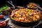 Jambalaya in a Colorful Cast Iron Skillet with Andouille Sausage, Shrimp, and Okra