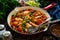 Jambalaya one pot dish - fried chicken breasts with white rice, tomatoes, bell pepper and celery on wooden table