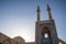 Jameh mosque, with its distinctive tiles minarets, seen at sunset. Jameh mosque is one of the symbols of the city of Yazd