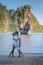 James bond Island Phangnga Bay Thailand, couple visit the Island, traveler on tropical sea beach near Phuket, Travel
