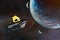James Webb telescope explores deep space on alien planets background. JWST launch art. Elements of this image furnished by NASA