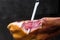 Jamon. Jamon serrano. Traditional Spanish ham on black close up.