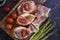 Jamon sandwich, asparagus   spanish  bruschetta old background spanish