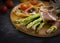 Jamon sandwich, dinner recipe  delicious  bruschetta old background spanish