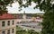 The Jan Amos Komensky town square in the centre of Fulnek Town, Czechia seen fron the hill behing the trees