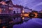 Jan van Eyckplein, old town of Bruges, Belgium during sunset.