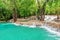 Jangle landscape with amazing turquoise water of Kuang Si cascade waterfall at tropical rain forest near Luang Prabang, Laos