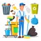 Janitor Man Vector. Cleaner Janitor Worker In Uniform. Professional Service. Illustration