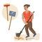 Janitor sweeping. Professions, character and items for his work. Children education. Exercise for preschoolers. Vector