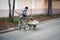 The janitor sweeps the sidewalk and puts the garbage in a cart near the building in the fall