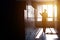 Janitor woman sillouette mopping floor in hallway office building