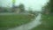 Janitors wash raindrops on a car windshield. Inside view of a car on a path in a green field. Blurred headlights of a