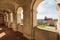 Janowiec Castle. View of the terrace with arches. Renaissance castle built in between 1508â€“1526. In Janowiec, Poland