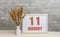 january 11. 11th day of month, calendar date. White vase with ikebana and photo frame with numbers on desktop, opposite